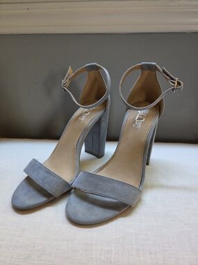 Brash Gray Suede Ankle-Strap Block Heel Sandals